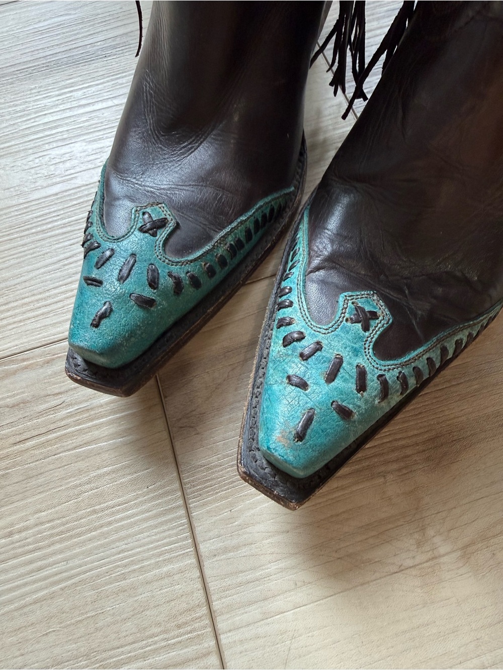 Lucchese Western Cowboy Boots Choc Brown Turquoise Crater Wingtip Fringe 6 B - Picture 14 of 14